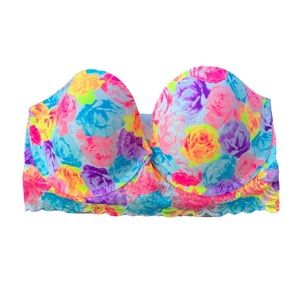 Pink Victoria’s Secret Push Up Bustier with Roses and Lace Underwire Bra 34D